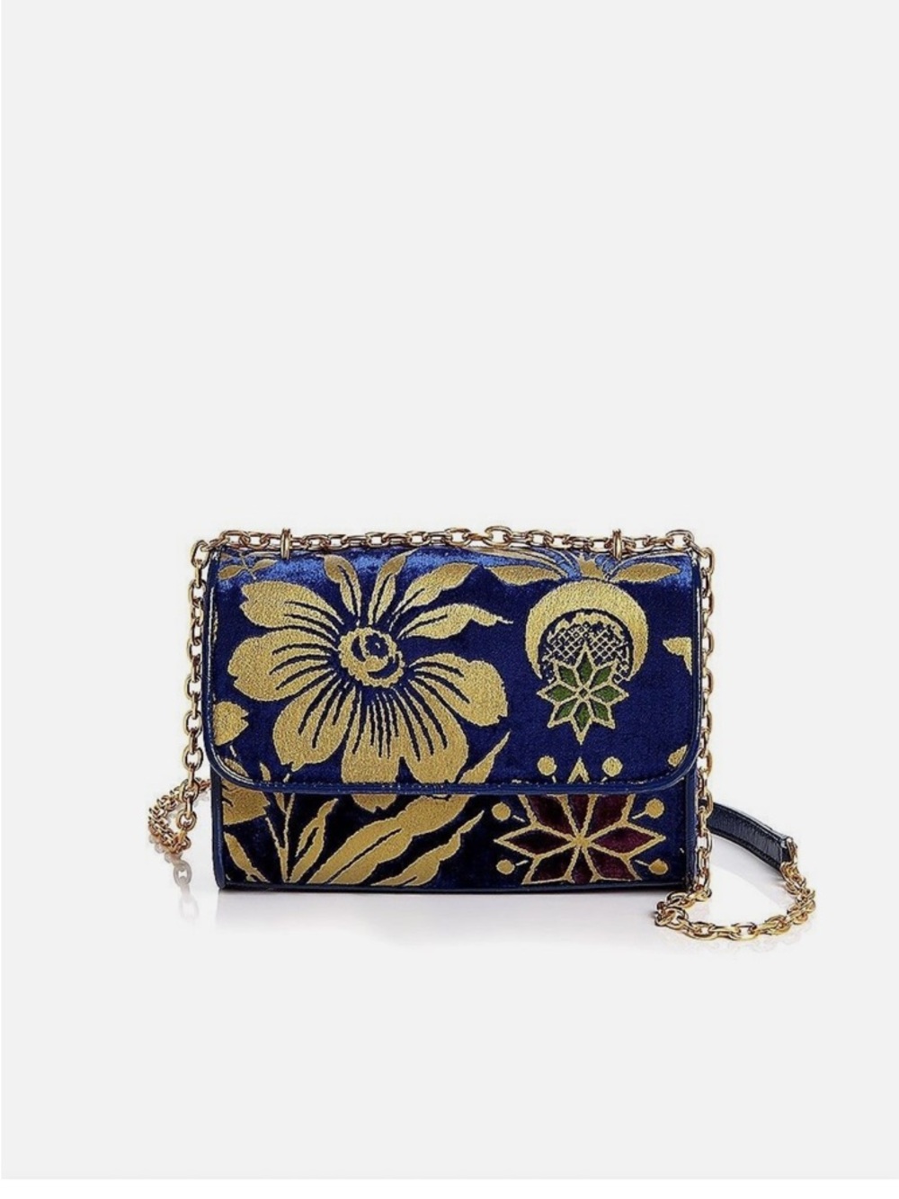 Tory Burch Fleming Floral velvet Convertible Small Shoulder Bag gold blue